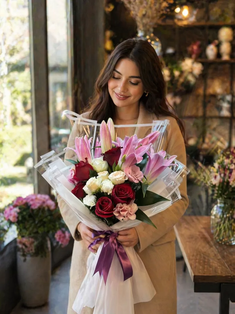 Pembe Lilyum Gül Buketi