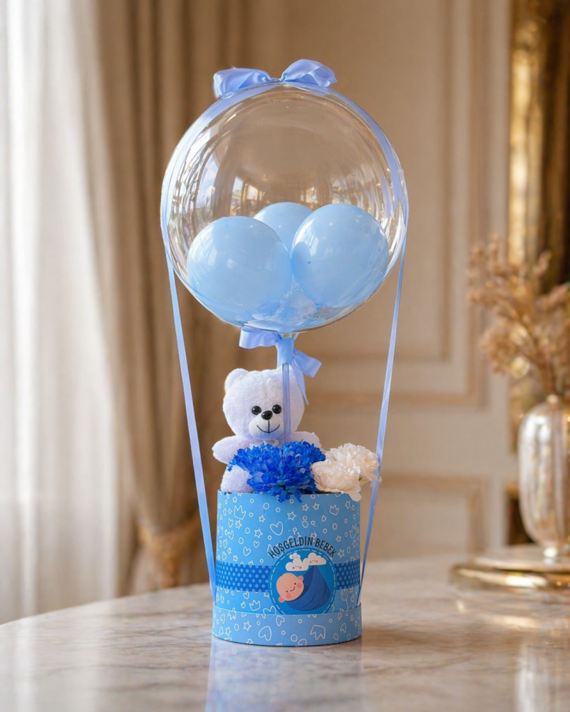 Erkek Yeni Doğan Balon ve Ayıcık Aranjmanı (Büyük Boy)