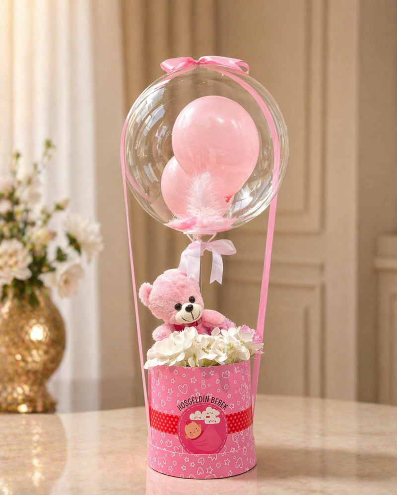 Kız Yeni Doğan Balon ve Ayıcık Aranjmanı (Büyük Boy)