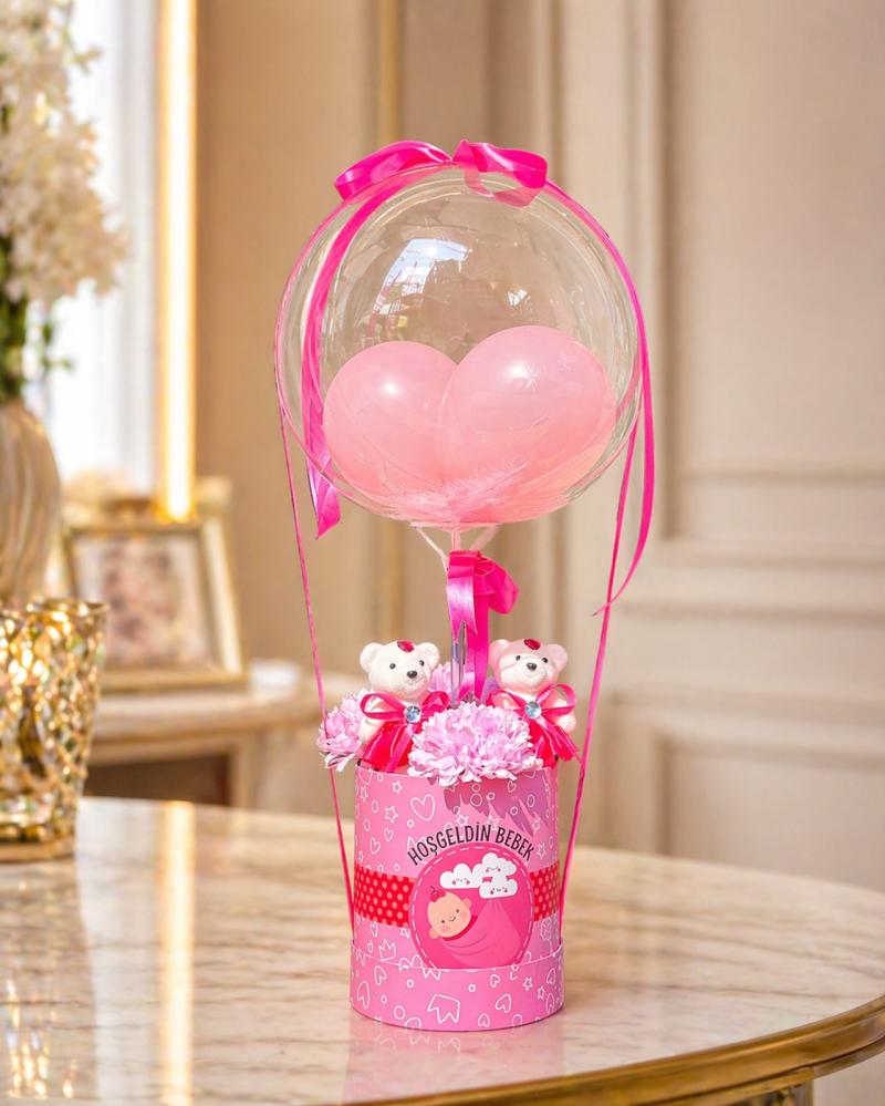 Kız Yeni Doğan Balon ve Ayıcık Aranjmanı (Orta Boy)