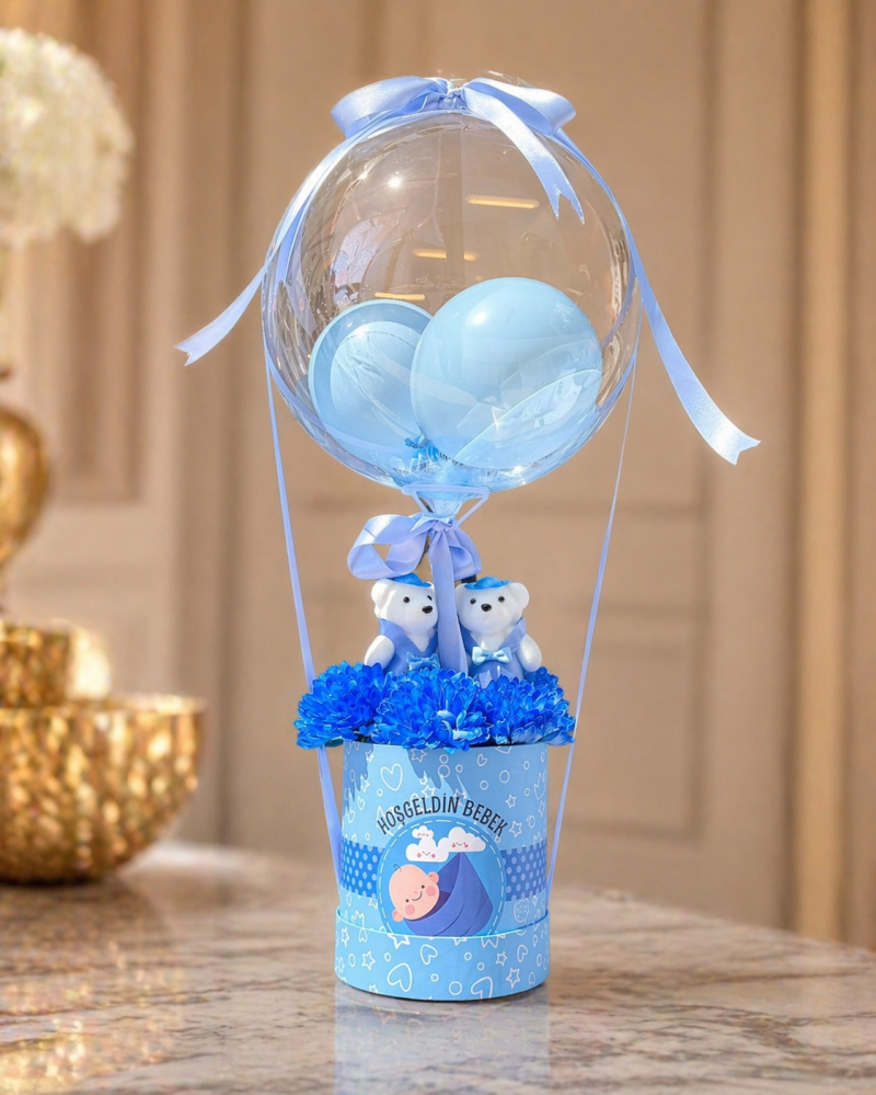 Erkek Yeni Doğan Balon ve Ayıcık Aranjmanı (Orta Boy)