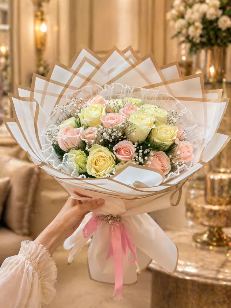 21 Adet Beyaz Pembe Karışık İthal Gül Buketi