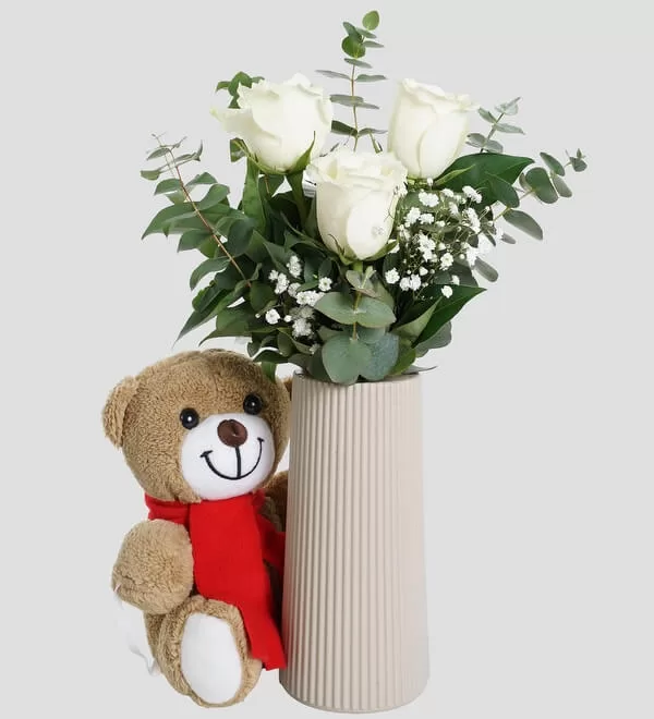 Bej Vazoda Gül ve Ayıcık