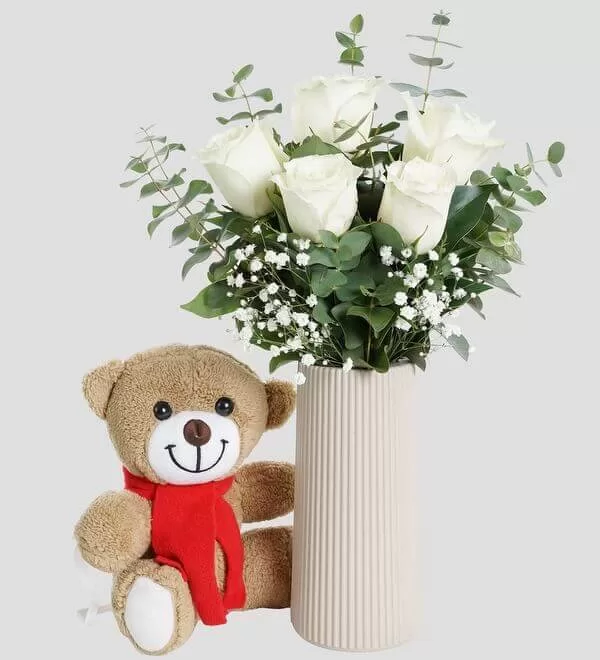 Ayıcık ve Beyaz Gül Vazosu